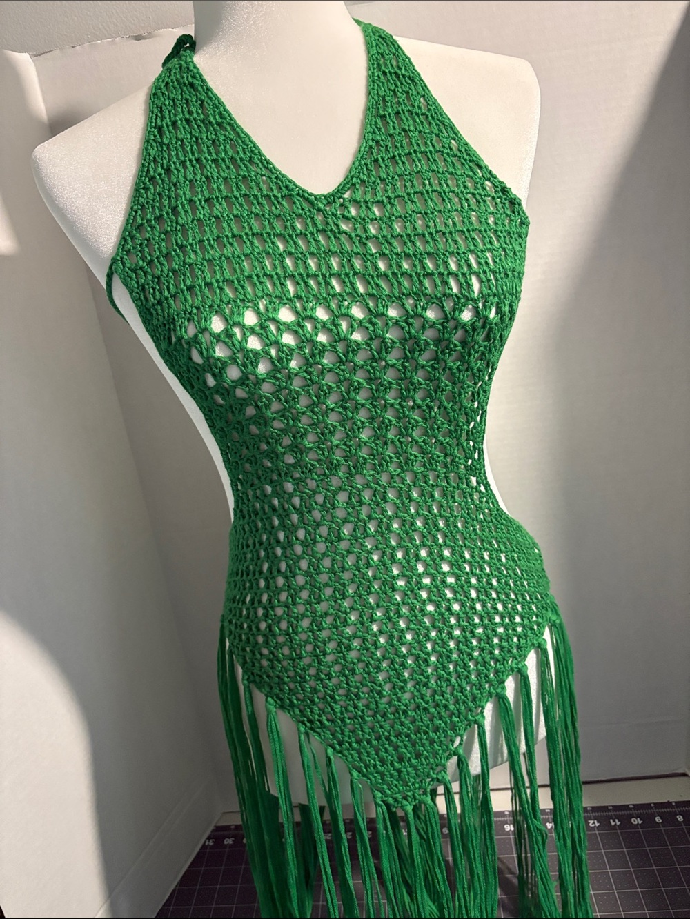 SHEIN Green Crochet Fringe Halter Cover-Up